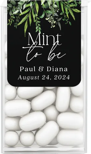Vista 5 de 25 PCS Personalized Wedding Stickers Labels for Tic TACS Mints, Black & Eucalyptus Custom Mint to Be Gift Stickers with Greenery Flower Branch