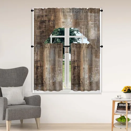 Vista 11 de Juego de cortinas de ventana de nivel y botín naranja, 3 piezas, juego de cenefa de arte abstracto, cortina gris con bolsillo para barra