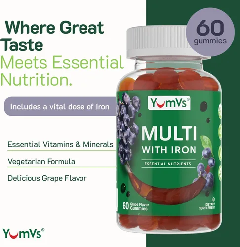 Vista 2 de YumVs - Multivitamínico completo y multimineral con gelatinas de hierro (gomas), sabor a bayas (60 quilates); suplemento dietético diario