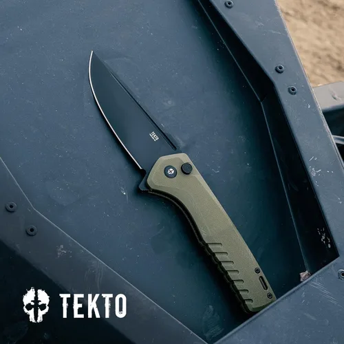 Vista 7 de TEKTO F3 Charlie - Cuchillo plegable con bloqueo de botón, hoja de borde fino, mango táctico OD verde G10, cuchillo de bolsillo fácil de abrir