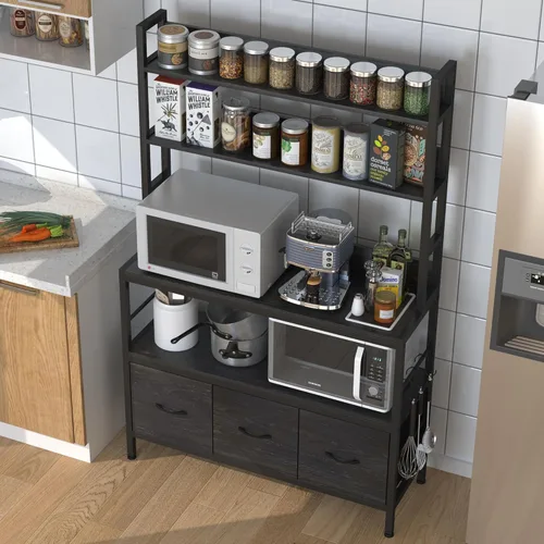 Vista 2 de Estante de cocina para panaderos con cestas, estante de almacenamiento independiente de 5 niveles, soporte industrial para horno microondas, Negro