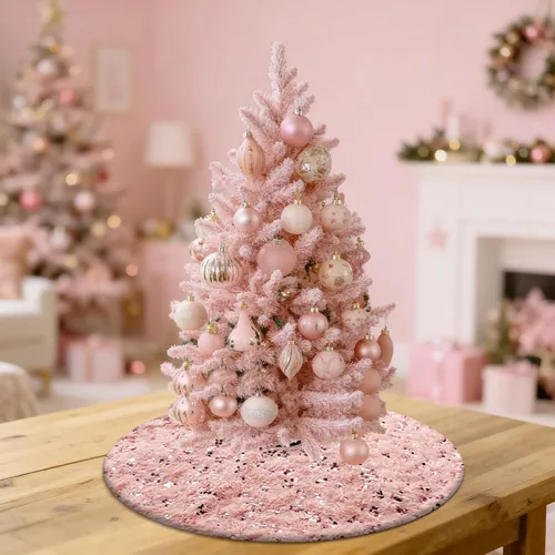 Mini falda de árbol de San Valentín rosa rubor con lentejuelas, falda de árbol de piel sintética de lujo de 15 pulgadas, decoración navideña rosa