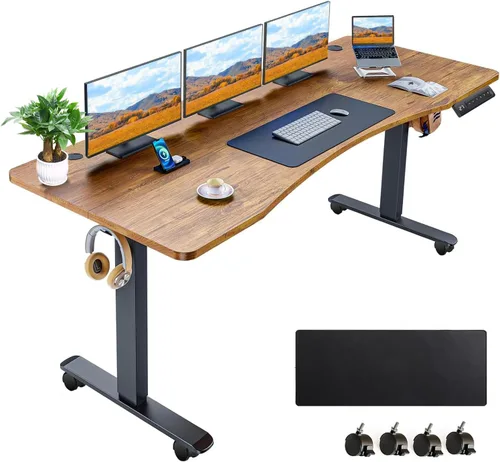 Escritorio eléctrico curvado de pie de 63 x 24 pulgadas, altura ajustable, ergonómico, escritorio para oficina en casa, computadora, escritorio