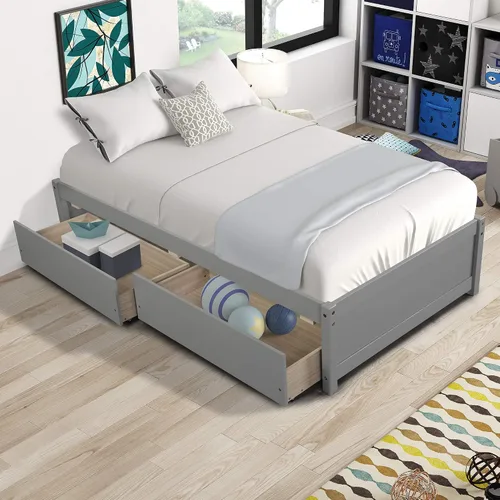 Vista 2 de Sofá cama individual con 2 cajones, marco de cama sin cabecero, no necesita somier, construcción de madera de pino resistente, ahorro de espacio