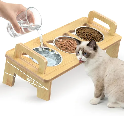 Vista 8 de Tazón Elevado de Bambú para Comida de Gatos, 3 Cuencos Elevados de Acero Inoxidable para Gatos con Soporte, Cuenco Inclinado 15° para Perros