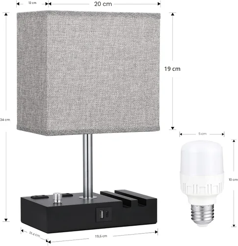 Vista 7 de Kakanuo Lámpara de mesita de noche totalmente regulable para dormitorio con puertos USB C, lámpara de mesita de noche pequeña gris con salidas