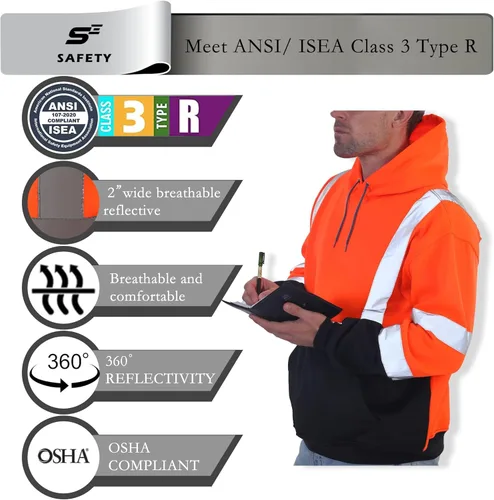 Vista 2 de sesafety Sudadera de alta visibilidad de clase 3 para hombre, sudadera con capucha, sudadera con capucha de seguridad de alta visibilidad, seguridad