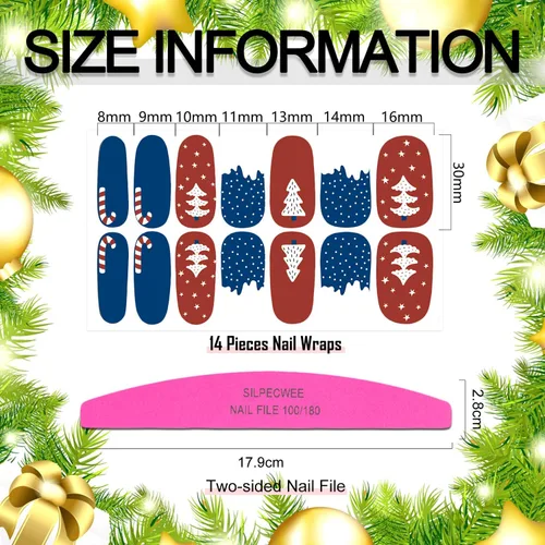 Vista 5 de SILPECWEE 20 hojas de calcomanías de esmalte de uñas de Navidad, envolturas completas para mujeres, tiras de gel autoadhesivas de manicura con lima