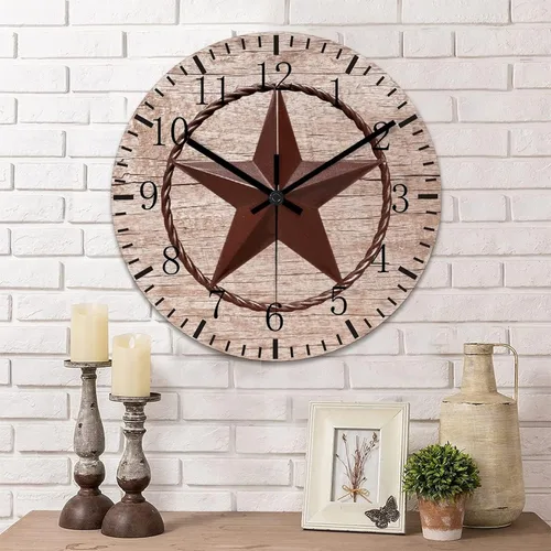 Reloj de pared redondo de estilo rústico con estrella de Texas occidental, reloj de madera, silencioso sin tictac, funciona con pilas, con números