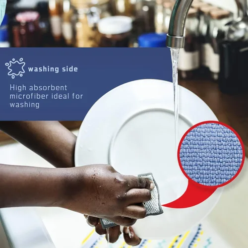 Vista 3 de Esponja y estropajo de microfibra de 2 lados de alta calidad, paquete de 3 variedades, resistente a los arañazos, multisuperficie