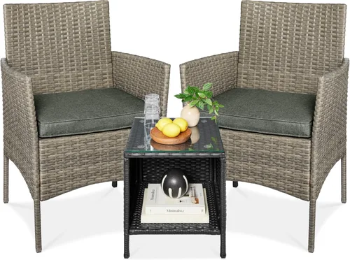 Vista 21 de Best Choice Products Juego de 3 piezas de mimbre para conversación al aire libre, muebles de patio que ahorran espacio para jardín con mesa