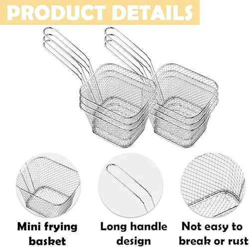 Vista 3 de 12 cestas cuadradas de acero inoxidable para freír con asa, cestas de alimentos para servir reutilizables, mini freidora con cesta para cocina