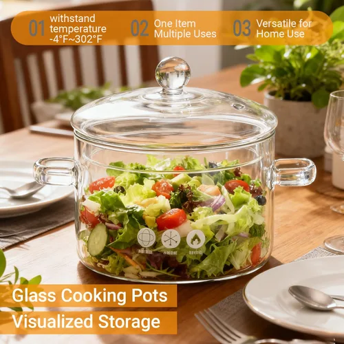 Vista 2 de Ollas de cocina de vidrio, 64 oz/64.2 fl oz con tapas cacerola con tapa, olla a fuego lento, hecha a mano, vidrio de borosilicato resistente al