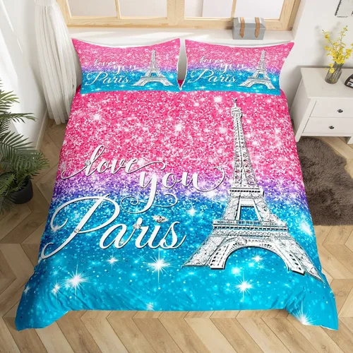 Vista 35 de Erosebridal Juego de ropa de cama de París para niñas y adolescentes, funda de edredón de la Torre Eiffel, tamaño Queen, funda de edredón