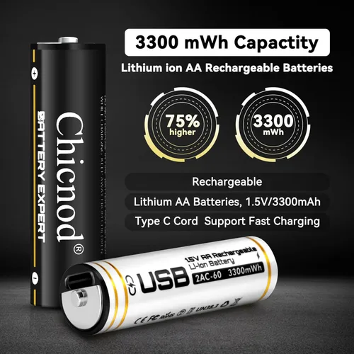 Vista 4 de Baterías AA recargables USB-C, 3300 mWh de iones de litio de 1.5 V de voltaje constante, baterías de litio dobles A de carga rápida con cable tipo