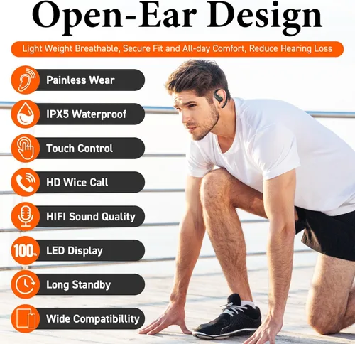 Vista 3 de Auriculares de oreja abierta, auriculares inalámbricos con pantalla digital inteligente y micrófono, auriculares de oreja abierta 35 horas de Negro