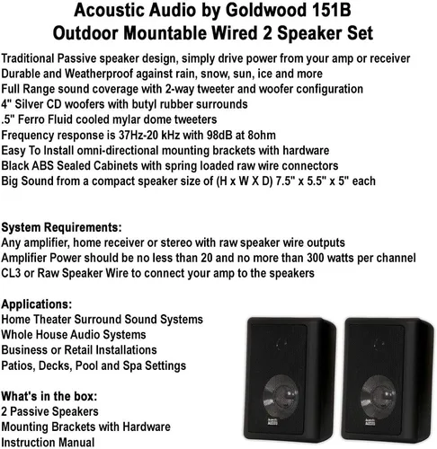 Vista 7 de Acoustic Audio 151B - Altavoces de 2 vías para interiores y exteriores, 600 vatios, par negro