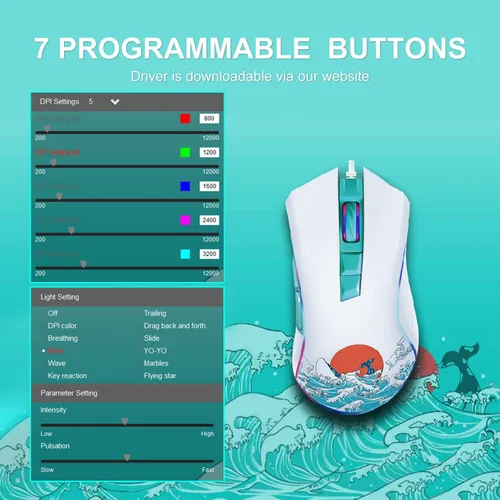 Vista 5 de XVX G705 - Mouse para juegos con cable retroiluminado RGB para PC con 12000 DPI7 botones programables mouse USB para computadora de gamer