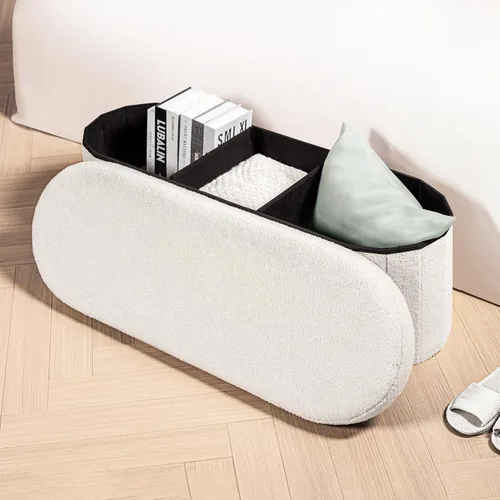 Vista 2 de B FSOBEIIALEO - Otomana con espacio de almacenamiento para sala de estar, reposapiés plegable, de vellón, banco plegable para dormitorio, 43.3 Blanco