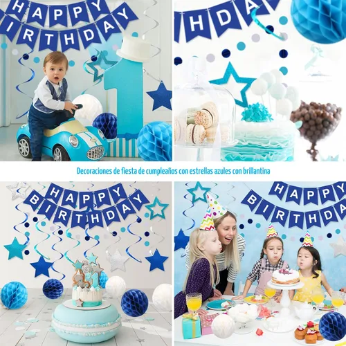 Vista 4 de meowtastic - Decoraciones de cumpleaños, pancarta de feliz cumpleaños con bolas de panal de abeja, serpentinas colgantes de estrellas, guirnalda
