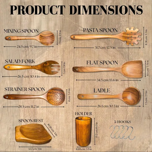 Vista 2 de 8 cucharas de madera para cocinar, juego de utensilios de madera para sartenes antiadherentes y utensilios de cocina, utensilios de cocina de madera