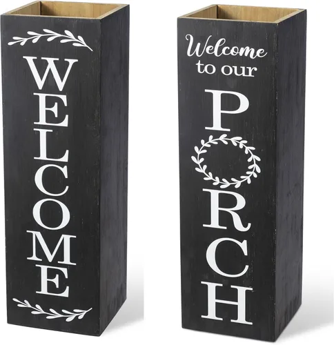 Vista 16 de Glitzhome Letrero de bienvenida de madera de 24 pulgadas de alto, diseño rústico de doble cara en forma de caja con texto en inglés "WELCOME PORCH