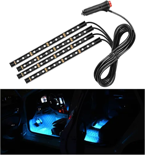 Vista 29 de Tira de luz LED para coche, 24 LEDs RGB neón para interior, luz ambiental nocturna de 12V debajo del salpicadero, lámpara decorativa
