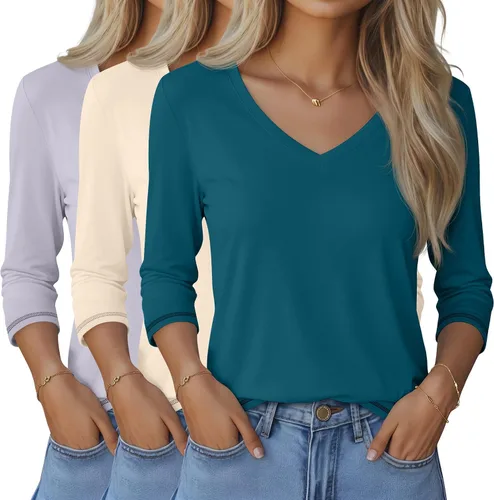Vista 36 de Ficerd Paquete de 3 camisetas de manga 3/4 para mujer, cuello en V, blusas holgadas, blusas casuales, ropa de moda 2026