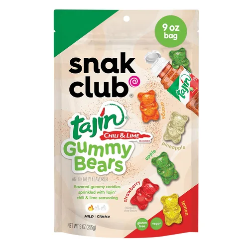 Snak Club Tajin Ositos Gomosos, Gomitas de Dulce de Frutas Surtidas con Condimento de Chile y Lima, Suaves, Aperitivos Sin Gluten y Veganos, Bolsa