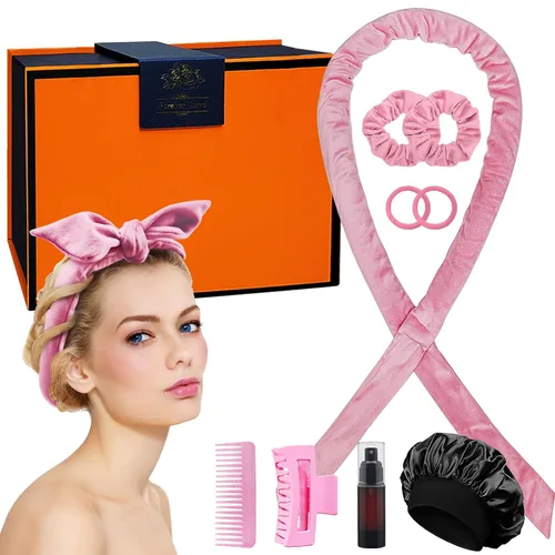 Diadema rizadora extra larga sin calor durante la noche para cabello largo, sin rizadores de calor para dormir (caja de regalo rosa)