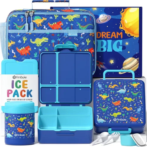 Vista 17 de Fimibuke Lonchera Bento para niños con 4 compartimentos, bolsa aislada, tarro de alimentos al vacío de acero inoxidable, paquete de hielo, juego