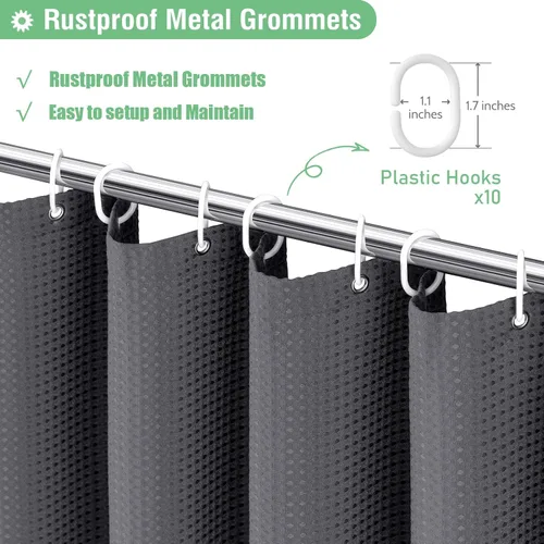 Vista 132 de Cortina de ducha de tela Dynamene verde oscuro - Cortinas de baño de tela de nido de abeja texturizadas resistentes, juego de cortinas de baño