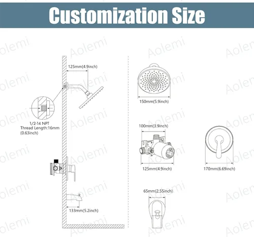 Vista 7 de Aolemi Juego de grifo de ducha para bañera con válvula de montaje en pared, kit de molduras de ducha de 6 pulgadas, accesorios de bañera de 6