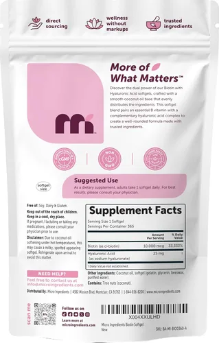 Vista 7 de Micro Ingredients Biotina 10,000 mcg con ácido hialurónico 25 mg por porción Fabricado con aceite de coco 365 cápsulas blandas 1 por día