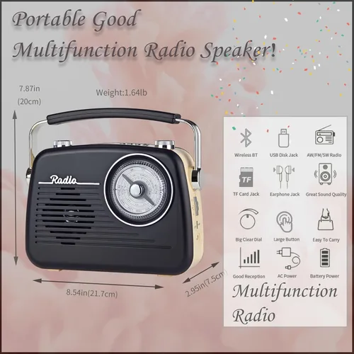Vista 2 de Radios portátiles AM FM SW, receptor de transistor retro de recepción fuerte, altavoz Bluetooth, enchufe de corriente alterna en la pared, funciona