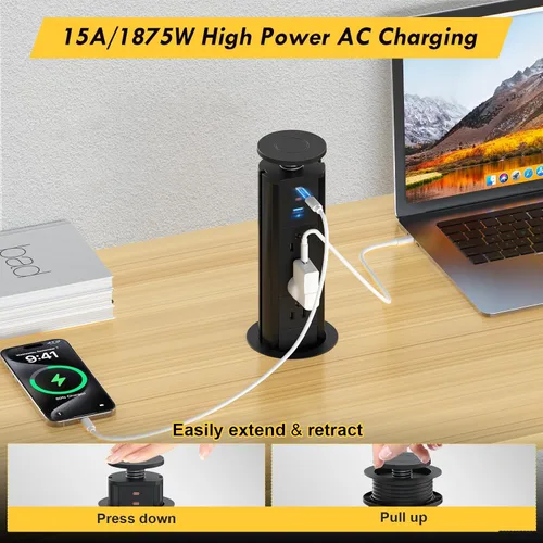 Vista 6 de Kungfuking Toma de corriente desplegable para encimera, enchufe con 3 salidas de CA y 2 PD 20 W USB-C y 1 puerto USB, oficina de conferencias