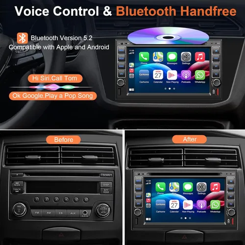 Vista 3 de Radio estéreo de coche doble DIN con reproductor de CD/DVD, control de voz Carplay y Android Auto, audio de coche de 7 pulgadas con pantalla táctil
