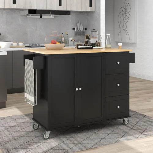Vista 11 de P PURLOVE Carrito de isla de cocina con parte superior de madera y ruedas de bloqueo, carrito móvil de isla de cocina con armario de 4 puertas