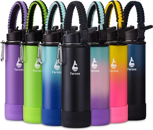 Vista 37 de Botella de agua Farsea aislada con asa de paracord, protector y 2 tapas (tapa de pajita y tapa de boquilla), de acero inoxidable, boca ancha, doble