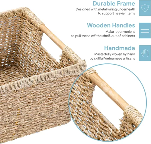 Vista 3 de Cesta de mimbre grande rectangular con asas de madera para estantes, almacenamiento de cestas de pastos marinos, cestas naturales para organizar