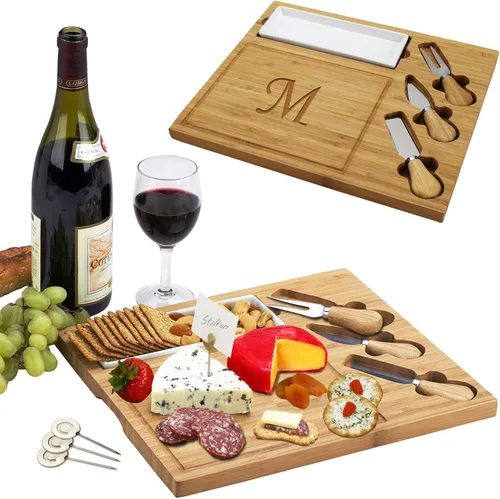 Vista 17 de Picnic at Ascot - Tabla de quesos de bambú grabada, personalizada, con 3 cuchillos de queso, plato de cerámica y marcadores de queso, diseño