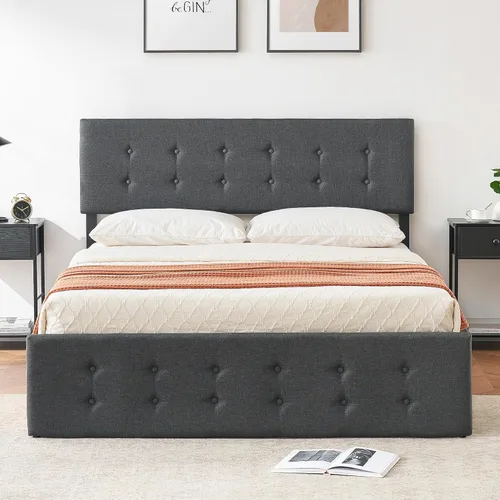 Vista 3 de IDEALHOUSE Base de cama Queen con 4 cajones de almacenamiento, base de cama tapizada de tamaño Queen gris con cabecera y listones de madera,