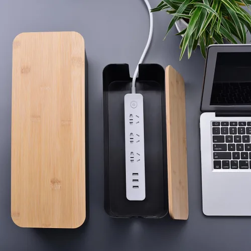 Vista 7 de Paquete de 2 cajas grandes para organizar cables, caja organizadora de cables de estilo madera y cubierta para cables de TV, computadora, enrutador