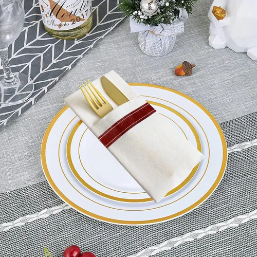 Vista 3 de Paquete de 100 servilletas desechables de papel, servilletas preplegadas con bolsillos, servilletas de fiesta de tacto de lino, servilletas de papel