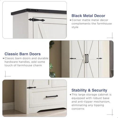 Vista 13 de Armario estilo casa de campo para despensa de cocina, muebles de madera de 72 pulgadas de alto con estantes ajustables, 2 puertas tipo granero