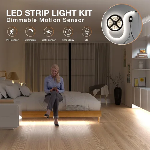 Vista 2 de Kit de iluminación LED con sensor de movimiento regulable Sensky para debajo del gabinete, tira de luz LED con sensor de movimiento, adaptador