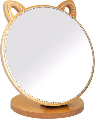 Espejo de maquillaje con diamantes de imitación de cristal para niñas/espejo de mesa con forma de gato para encimera en dormitorio/baño (6.7