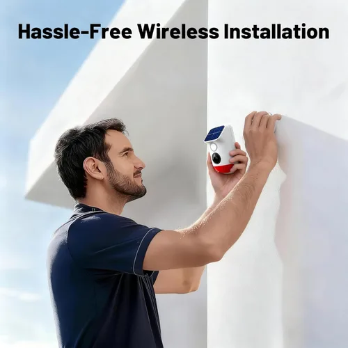 Vista 9 de Alarma solar con sensor de movimiento, sirena de seguridad impermeable IP65 de 120 dB con luz estroboscópica, 3 modos para patio, granja, hogar