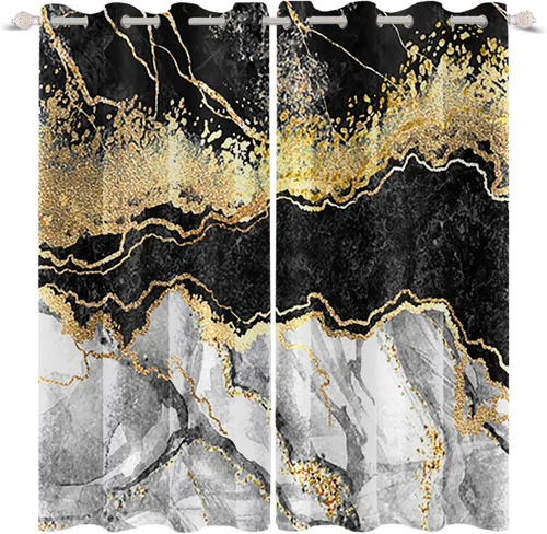 Vista 4 de Cortinas opacas de mármol negro y gris para hombre joven, estilo gótico, decoración de sala de estar, cortinas abstractas con rayas doradas, juego