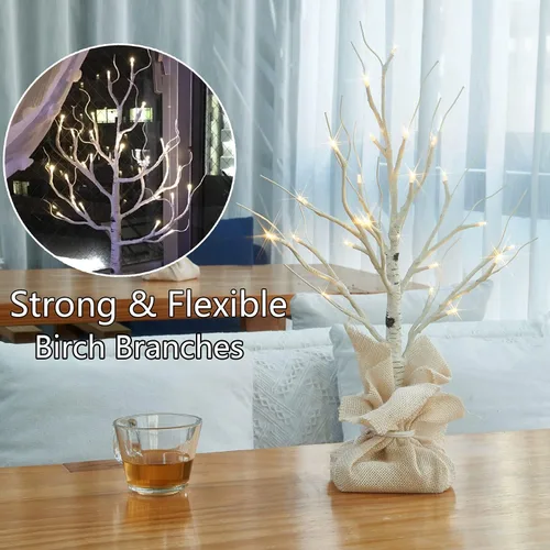 Vista 4 de Fudios Árbol de abedul iluminado con temporizador, funciona con pilas, 18 pulgadas, decoración del hogar, árboles de abedul artificiales